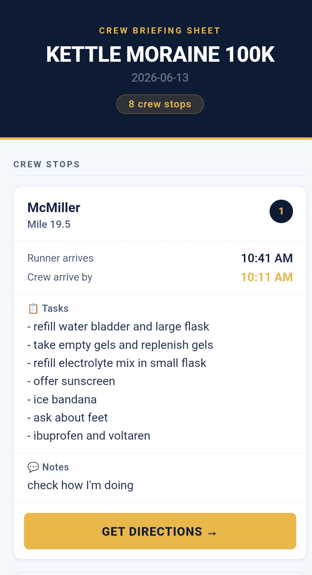 Iron Miles crew briefing sheet on phone for Kettle Moraine 100K